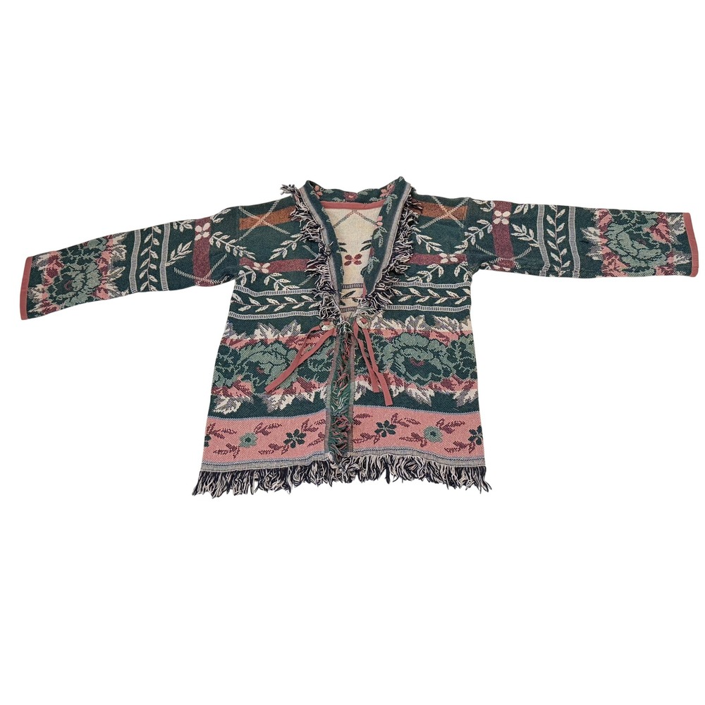 Vintage Woven Tapestry Floral Blanket Cardigan Fringe Concho Wrap Jacket Green